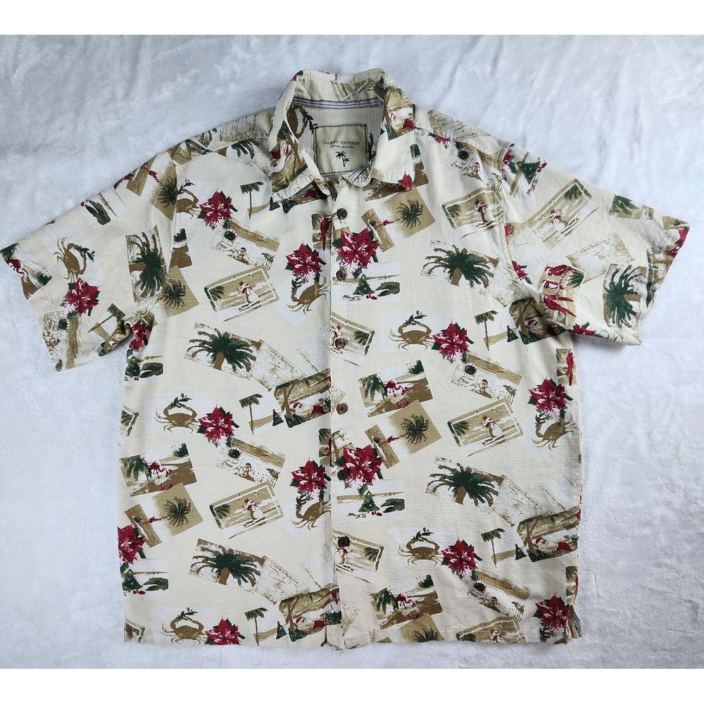 Island Republic Shirt Mens XL Beige Silk Hawaiian Christmas Short Sleeve Aloha